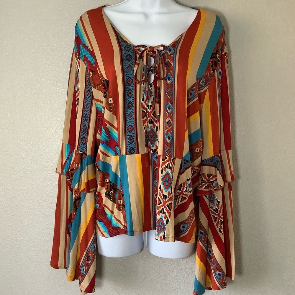 Colorful Aztec Southwestern Western‎ Geometric Ruffle Lace Up Peasant Top L